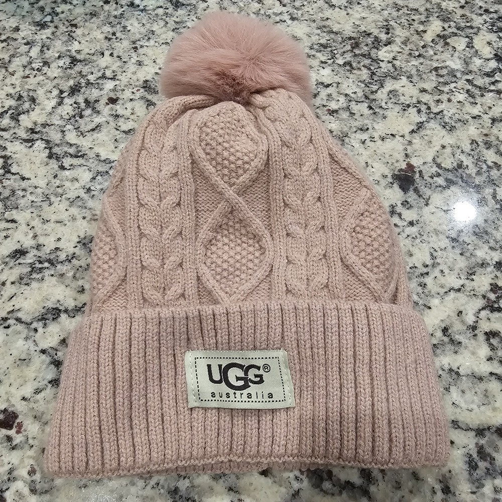 Ugg Pink Knitted Winter Tobogan With Fuzzy Ball